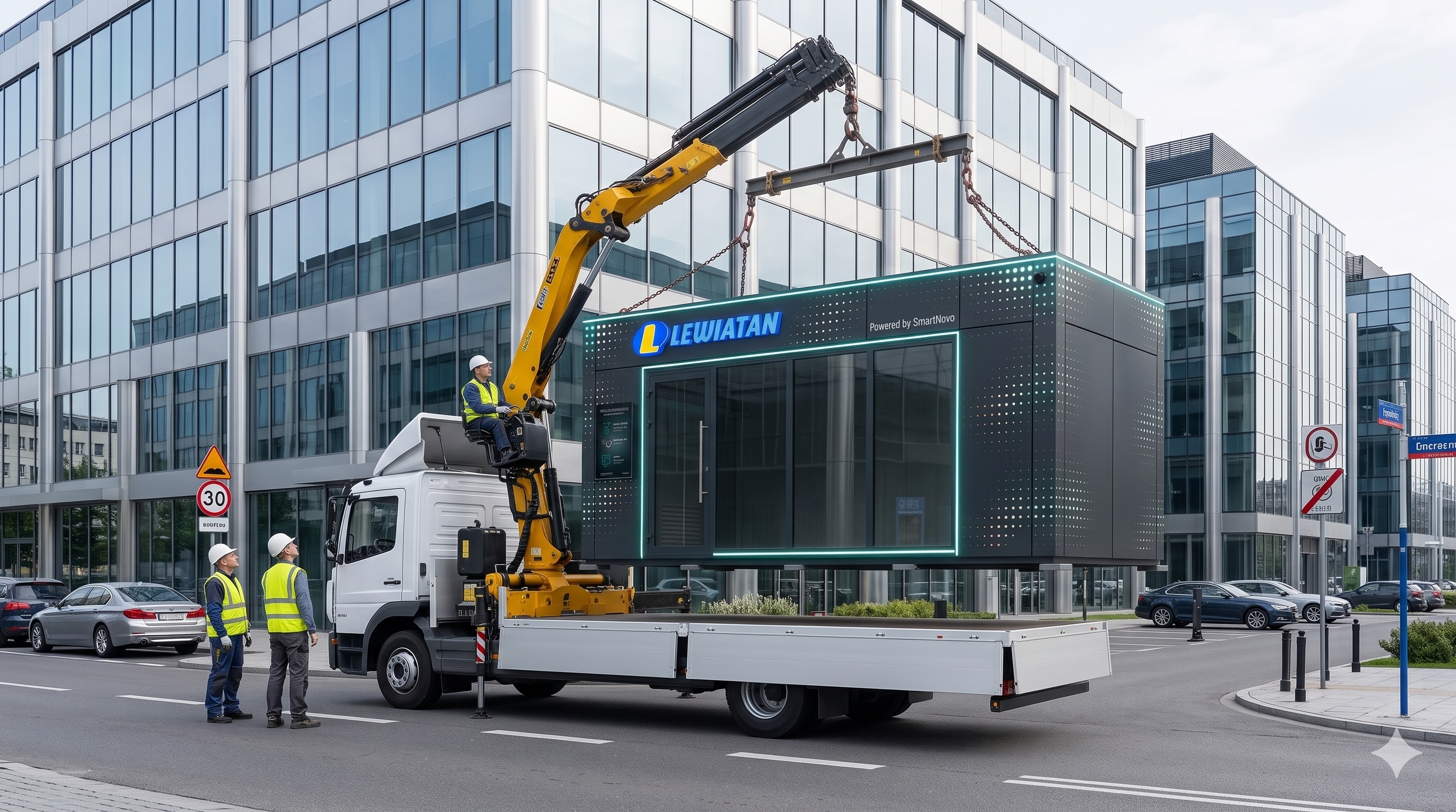 A SmartNovo Lewiatan unit being craned from a flatbed truck onto a city-centre site